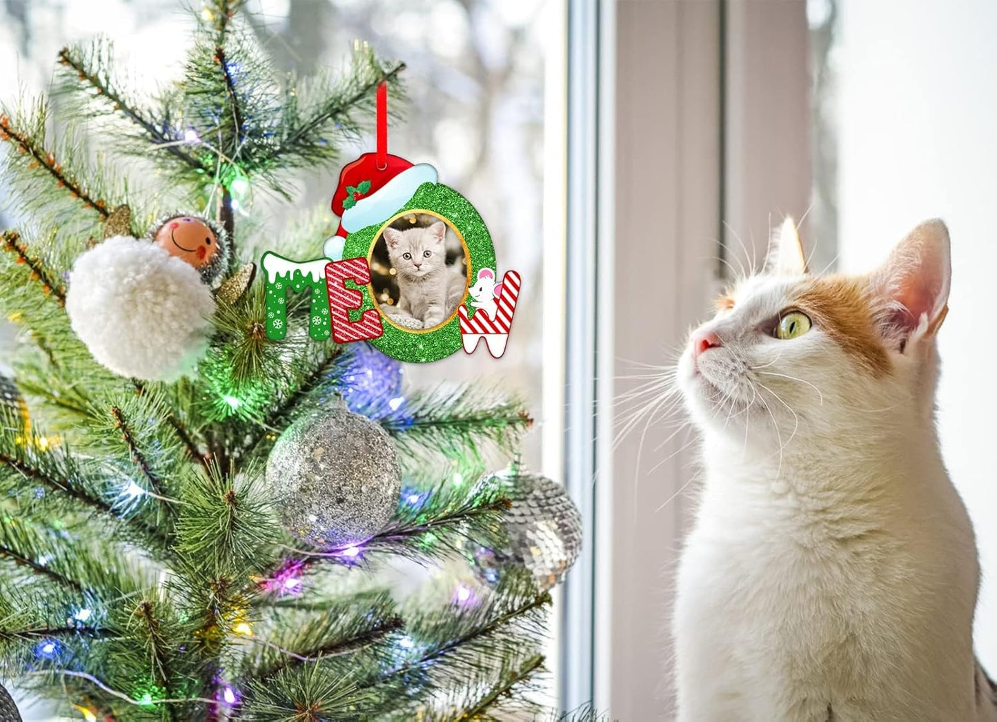Whatsign Cat Picture Frame Ornaments - Christmas Hanging Keepsake Decoration for Christmas Tree Pet Personalized Ornaments for Cat Kitty Pet Lovers Gifts