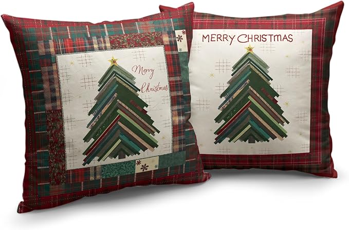 Christmas Pillow Covers 16x16 Set of 2 Red Green Checkered Plaid Xmas Tree Throw Pillow Covers Winter Pillowcase Cotton Linen Cushion Case for Holiday Decor Couch Sofa