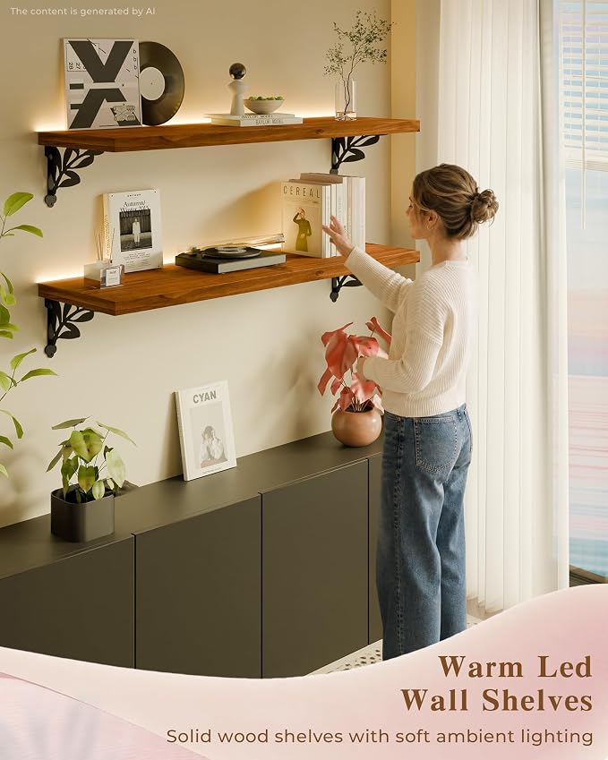 36 Inch 2 Tier Solid Wood Floating Shelves with LED Light, Metal Brackets | 36 inch solid pine shelves, 2 tier, warm LED light, walnut finish, metal brackets for books and decor
