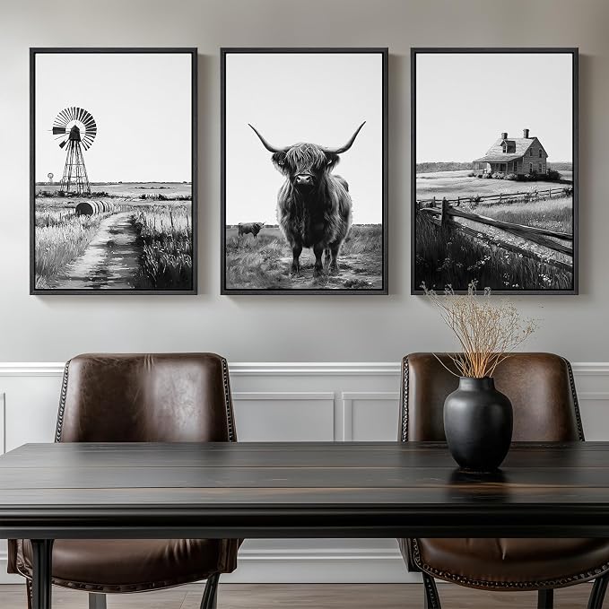Large Framed Black and White Wall Art for Living Room, Modern Highland Cow Canvas Prints Paintings Set of 3 Pieces, Contemporary Farmhouse Barn Windmill Pictures for Bedroom Dining Room Hallway Wall Decor 20x30 Inch