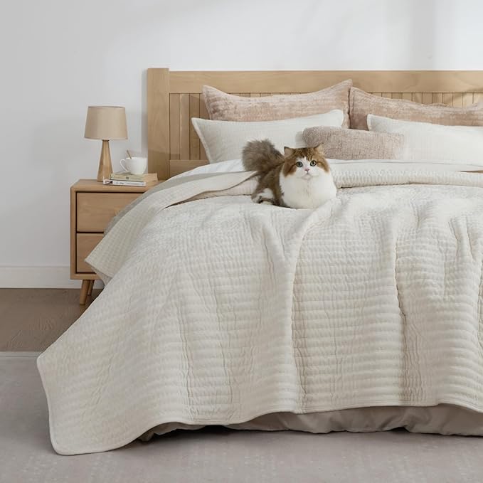 BEDELITE Velvet Quilt Set Queen Size - Luxury Soft Velvet Comforter Bedding Set for All Season, Lightweight Quilted Channel Stitch Oversized Bedspread Coverlet with 2 Matching Shams, Ivory White