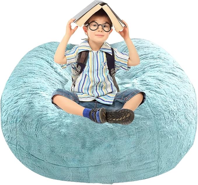 BCU Bean Bag Cover Comfy Beanbag Chair for Adults Without Filler Faux Fur Floor Chair Lazy Sofa Cover Comfy for Living Room Chairs, Lake Blue, 3.5FT