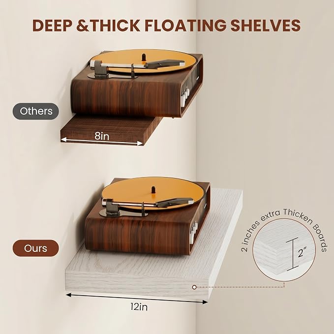Vivelove 12 Deep Floating Shelves for Wall, 16 Inch Shelves for Room Wall Mounted, 2" Thick Floating Shelf for Living Room Bedroom Bathroom Kitchen Laundry Room, Set of 2 White Birch