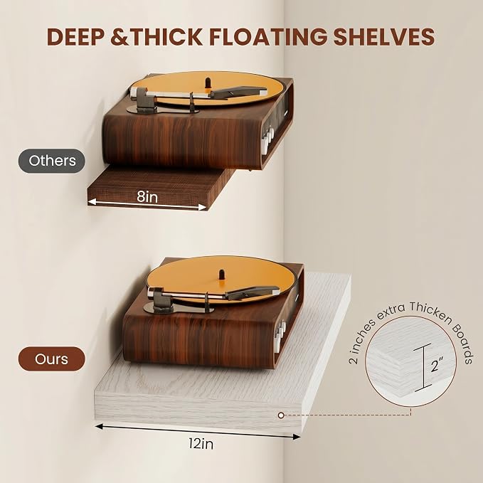Vivelove 12 Inch Deep Floating Shelves 47.2 inch Long, 2 Inch Thick Wall Shelves with Invisible Brackets, Shelf for Bedroom Bathroom Living Room Kitchen Office Home, Modern Shelf Set of 2,White Birch
