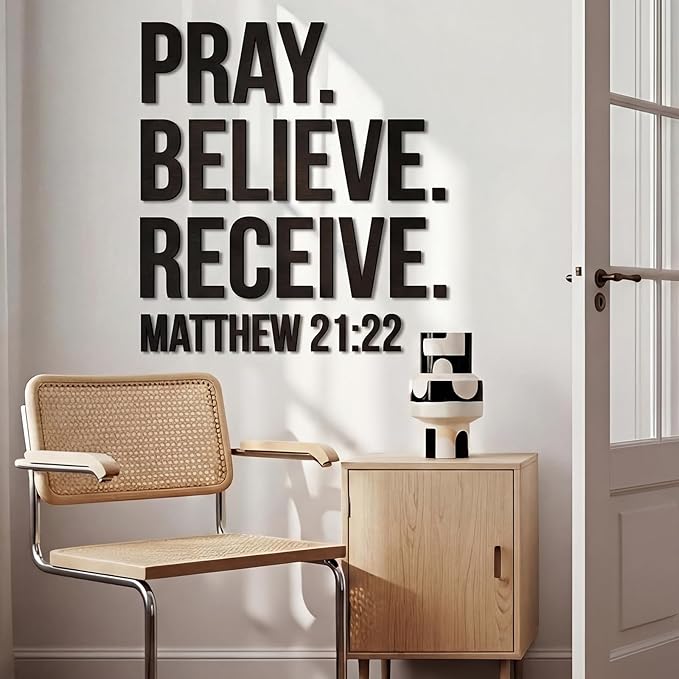 AceOrbit Christian Bible Verses Wall Art Decor Pray, Believe, Receive, 39.4" x 34.9" Wooden Religious Scripture Jesus Wall Decor 3D Letters Hanging Prayer Decoration for Church Home
