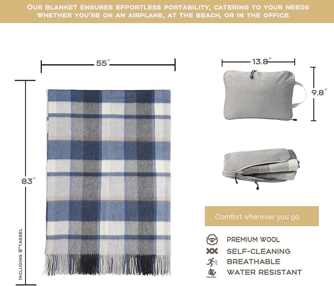 Woolly Throw Pure Wool Blanket - Large 55x83 inches, 1.5 lbs,Wool Fringed Knee Throw Blanket for Couch Bed Outdoor Travel,Soft Lightweight Breathable Blanket for All Season,Blue Check