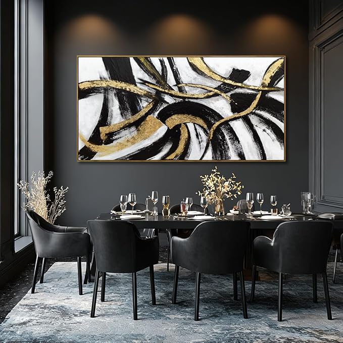 Kureful White Abstract Canvas Wall Art Gold Modern Artwork Black Line Prints Textures Picture for Walls Arts Posters for Office Bedroom Home 29"x58"
