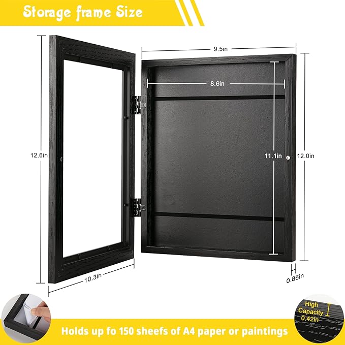 3 Pack 8.5x11 Kids Art Frames Rustic Black, Kids Artwork Frames Changeable Child Artwork Picture Display Front Opening, Children Storage Frame Hold 50pcs Craft, Drawing, Art Project, Schoolwork