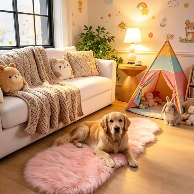 Faux Fur Sheepskin Runner Rug Pink 2x6 ft Ultra Soft Shaggy Plush Fluffy Fuzzy Area Carpet Decorative Chair Cover Floor Mat for Bedroom Sofa Living Room Bedside