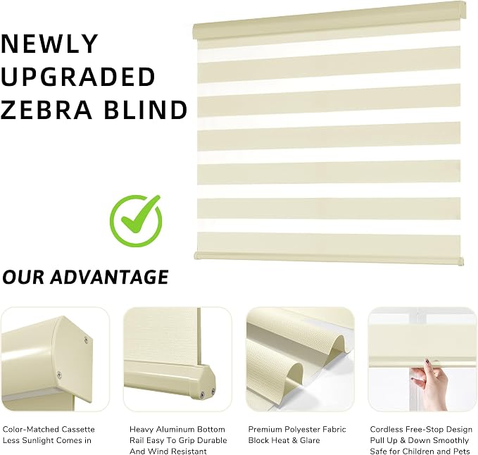 ChrisDowa Cordless Zebra Blinds for Windows, Dual Layer Free-Stop Light Filtering Window Roller Shades, Pull Down Privacy Zebra Shades for Home, Office, Bedroom, Door (51" W x 72" H, Beige)