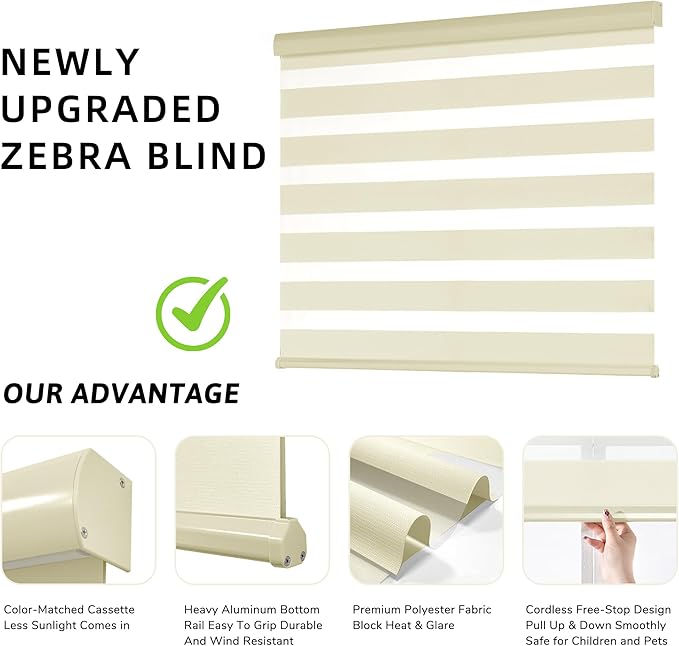 ChrisDowa Cordless Zebra Blinds for Windows, Dual Layer Free-Stop Light Filtering Window Roller Shades, Pull Down Privacy Zebra Shades for Home, Office, Bedroom, Door (64" W x 72" H, Beige)