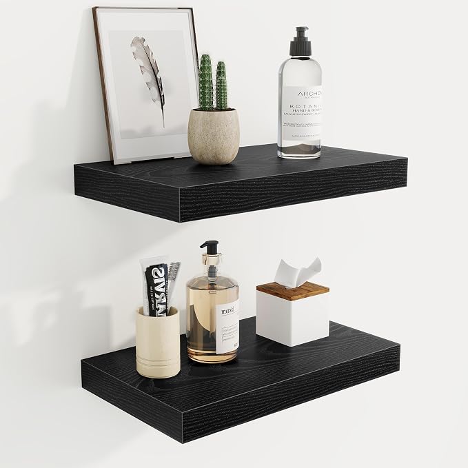 Acovy 16 Inch Floating Shelves, 9.3" Deep Floating Shelf Wall Mounted, 16" Wall Shelves, Rustic Deep Bookshelf, Large Display Shelves & Storage Shelves for Bedroom, Living Room, Black, Set of 2