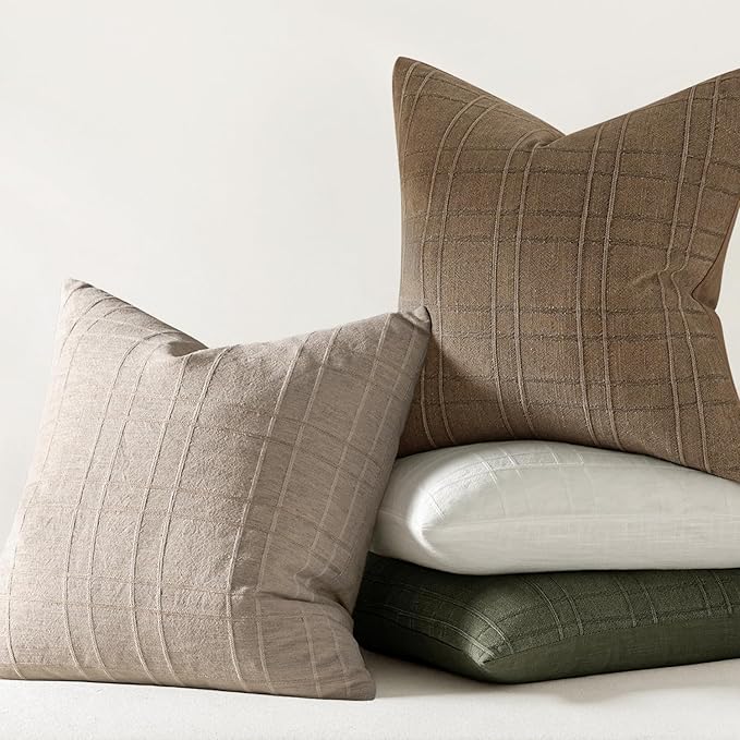MIULEE Decorative Linen Check Throw Pillow Covers Neutral Farmhouse Vintage Pillow Covers 20x20 Set of 2 Boho Modern Home Decor for Sofa Couch Bedroom Cushion Natural Linen