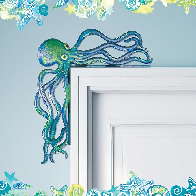 FairySandy Metal Door Frame Decoration 11.81 x 10.43 Inches Octopus Themed Home Decor for Indoor Outdoor Door Window Home Office(Ocean Blue)