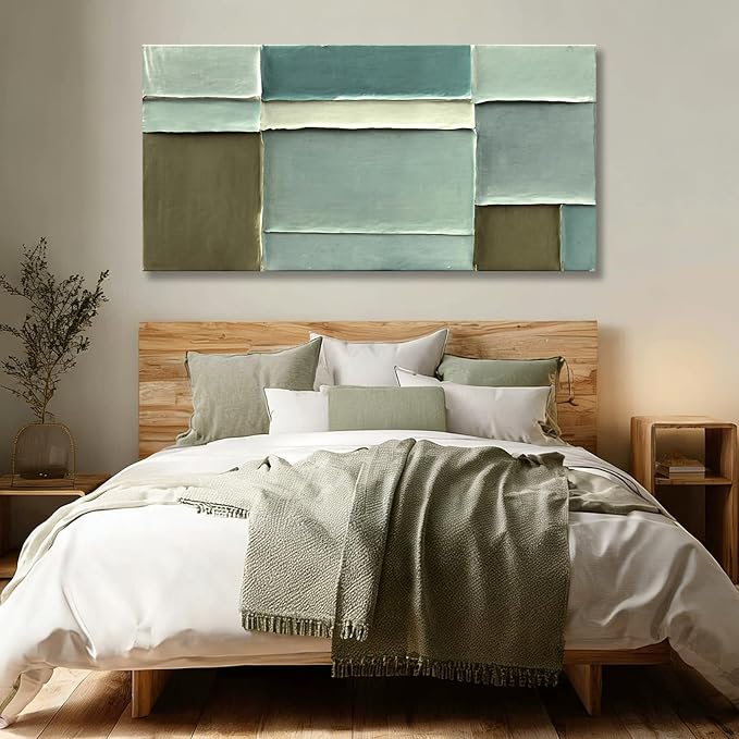 Hue7Art Modern Abstract Green and White Hand PaintingCanvas Wall Art Minimalist Layered Color Artwork for Living Room Bedroom Office Contemporary Wall Decor 24x48 Inch