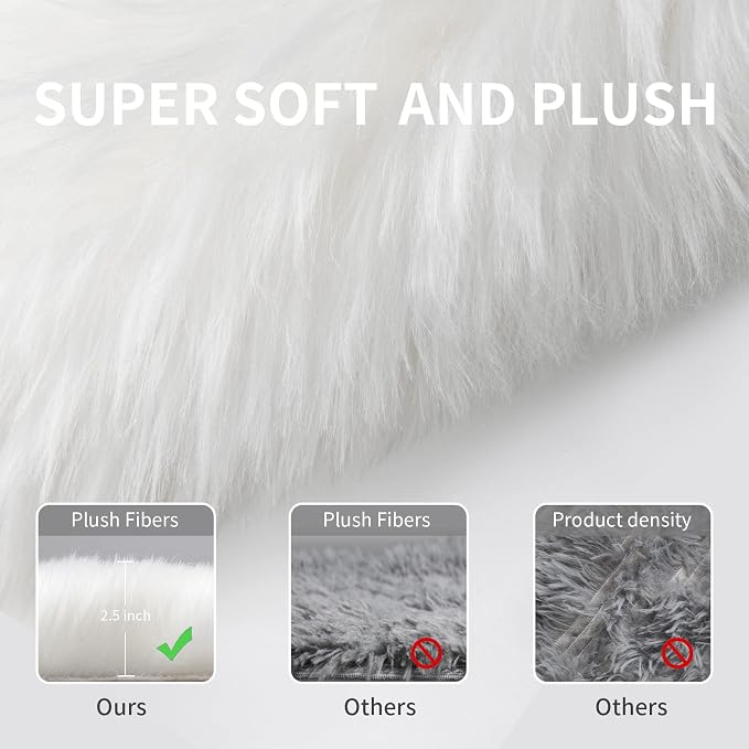 Faux Fur Rug for Bedroom, Fluffy Runner Rugs Soft Sheepskin Rug Sofa Couch Seat Cushion, 2x6ft White Plush Area Rug Shag Rugs Floor Carpets for Nursery Bedside, Cute Shaggy Fuzzy Home Decor