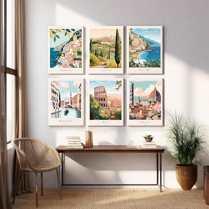 Tocliky Italian Italy Wall Art Decor Amalfi Coast Travel Poster Italy City Canvas Wall Art Vintage Landscape Beach Painting Artwork Modern for Bedroom Living Room 8x10 Prints Wrapped Canvas Set of 6