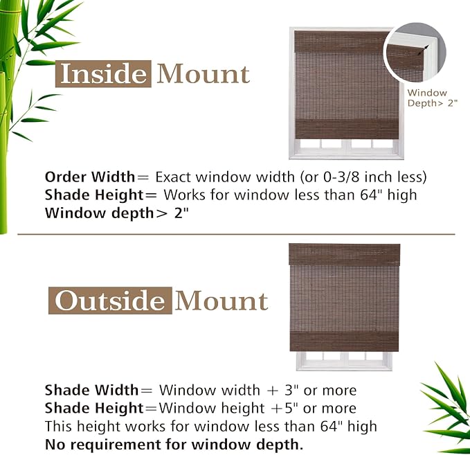 Sunbox Cordless Bamboo Roman Shade Blind, Woven Wood Roman Shades, Light Filtering Natural Bamboo Shades for Windows, French Doors, 34.5" W x 64" H, Sarasota-Cocoa
