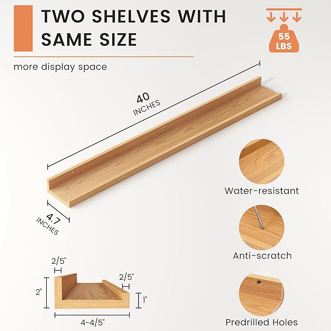 FLYJOE Picture Ledge Shelf, Floating Shelves Set of 2, 40 Inches Nursery Book Shelves for Toys Storage, Kids Bookshelf Wall Mounted for Living Room Bedroom Decor Books Photo Frames, Natural Oak
