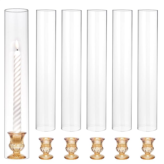 CHILL RECIPE Hurricane Glass Candle Holders-Set of 6 Tall Taper Candle Holder with 14” Tall Clear Cylinder Covers for Wedding Table Centerpiece Home Decor (Gold Base+Clear Chimney)