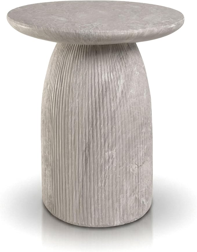 24/7 Shop at Home Ranera Modern 17-inch Natural Stone Side Table with Round Pedestal Base, Marble Nightstand, Fluted Patio End Table, for Living Room, Covered Outdoor Spaces, Light Gray Travertine