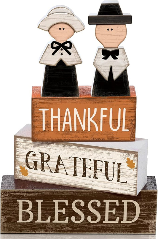 Lineshading 4 Pcs Thanksgiving Table Decoration Wooden Pilgrim Couple Decor Thanksgiving Tiered Tray Decor Fall Centerpiece Rustic Decorative Pilgrim Block Signs Gift Farmhouse for Home Kitchen