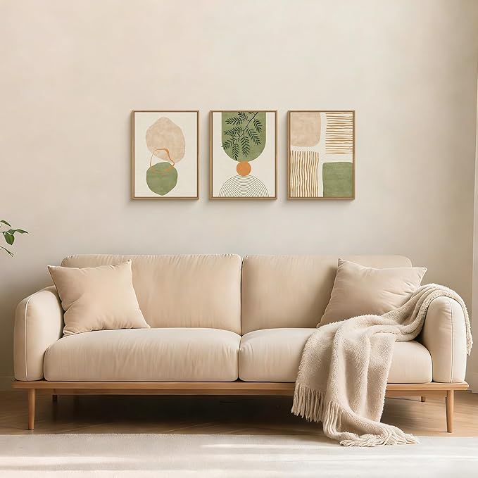 BICERE Boho Sage Green Framed Canvas Wall Art Set,Abstract Minimalist Geometric Line Wall Decor,Modern Mid Century Beige Leaf Artwork for Living Room,Bedroom,Dining Room,Office-12 x16 x3