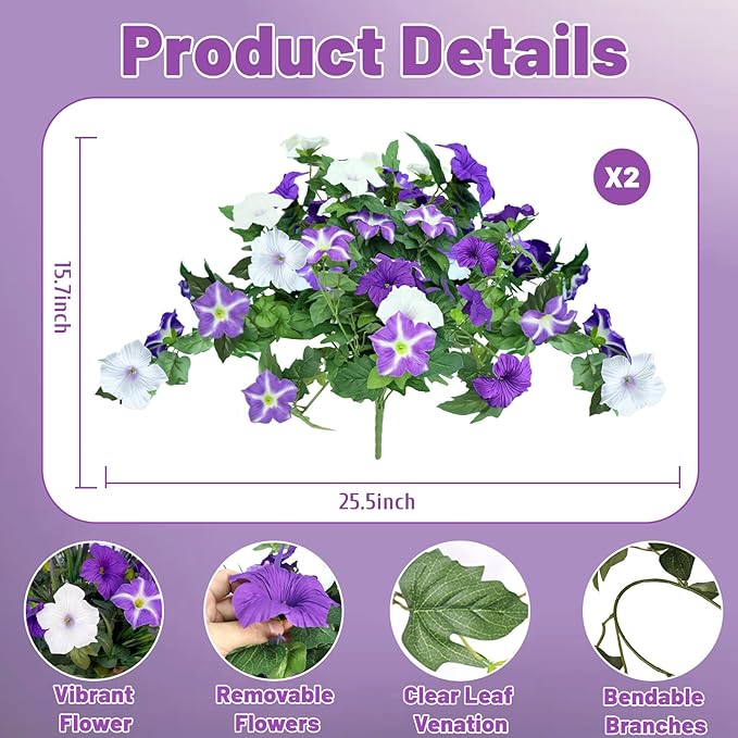 Artificial Flowers Plants for Outdoors, 6PCS UV Resistant Faux Flowers Outdoor Plants, Fake Petunias Silk Flowers for Garden Balcony Yard Porch Decor (White Purple)