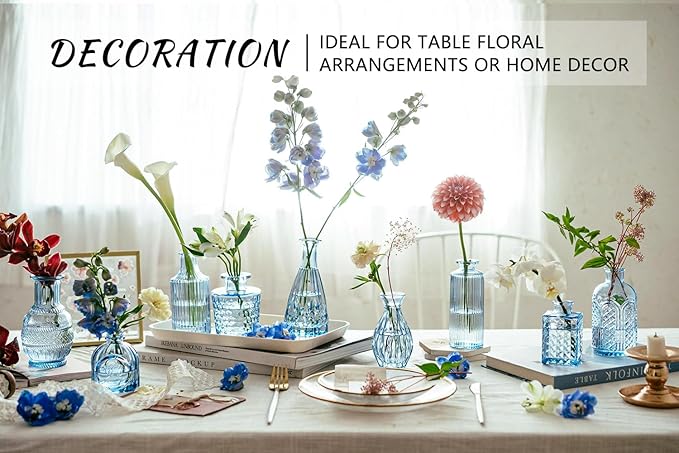 SUPMIND 16pcs Glass Bud Vase Set, Small Blue Flower Vases for Centerpieces in Bulk, Mini Vintage Vase for Wedding, Home Decor, Table Decoration