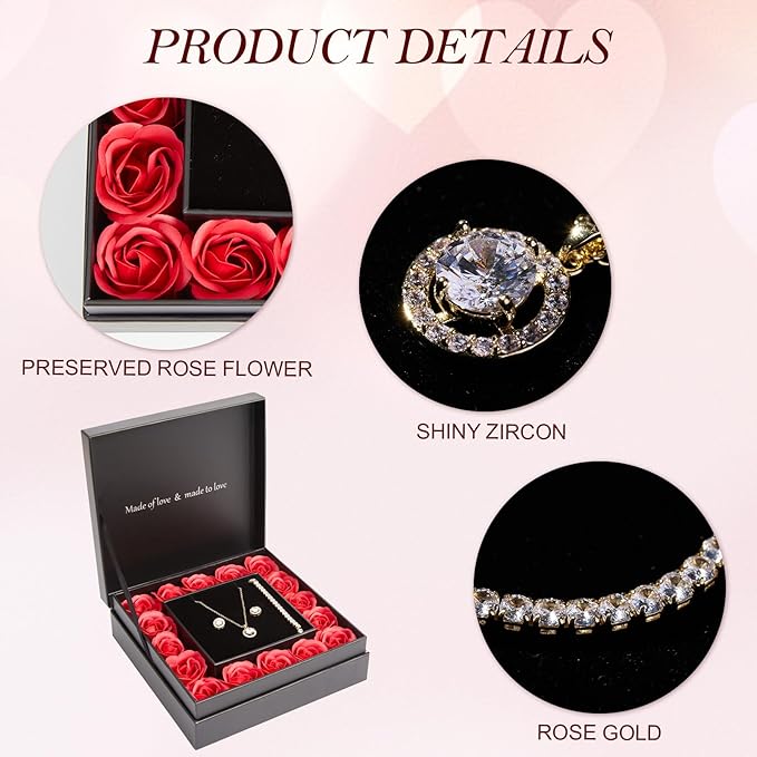 WDS WONDROUS Preserved Rose Jewelry Set for Women, 4-Piece Red Rose Gift Box with Necklace Earrings Bracelet, Valentines Day Anniversary Birthday Gift for Her Wife Girlfriend Mom