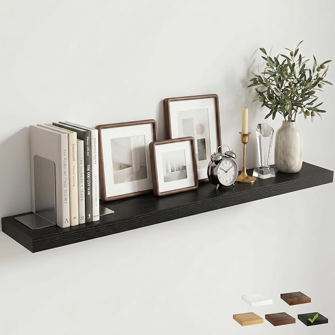 Venusmiles Floating Shelves for Wall, 48 Inch Floating Shelves Set of 1, 6.5" D Wooden Wall Mounted Display Shelves with Invisible Brackets for Living Room, Bedroom, Bathroom, Kitchen Decor, Black