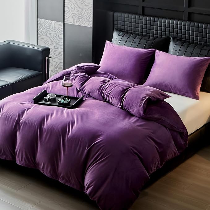 WARMDERN Purple Flanne Velvet Duvet Cover King Sizel Duvet Cover Bedding Sets, 3pcs Ultra Soft Luxury Textured Modern Crystal Velvet Duvet Covers with Zipper Closure(Purple, King)