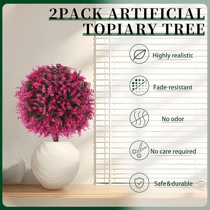Artificial Pink Eucalyptus Topiary Ball Trees, 2 Set of 16'' UV Resistant Fake Evergreen Shrubs Bushes Plants with Ground Spike, Fake Plants for Outdoor Indoor Front Porch Garden
