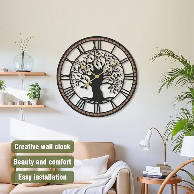 Micasso Wall Clocks Battery Operated: 18Inch Farmhouse Tree of Life Metal with Wood Frame - Rustic Roman Numerals Clock for Office/Living Room/Bedroom/Kitchen - Home Decor for Teen