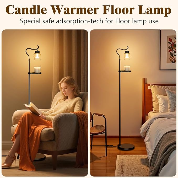 Candle Warmer Floor Lamp with Timer, Dimmable Candle Warmer for Home Decor, Height Adjustable Floor Warmer, Birthday Gifts for Girlfriend Mom Christmas Mother's Day Gfit (Black Top)