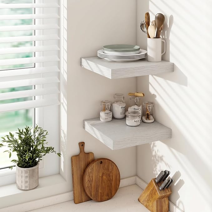 Vivelove 12 Deep Floating Shelves for Wall, 30 Inch Shelves for Room Wall Mounted, 2" Thick Floating Shelf for Living Room Bedroom Bathroom Kitchen Laundry Room, Set of 2 White Birch