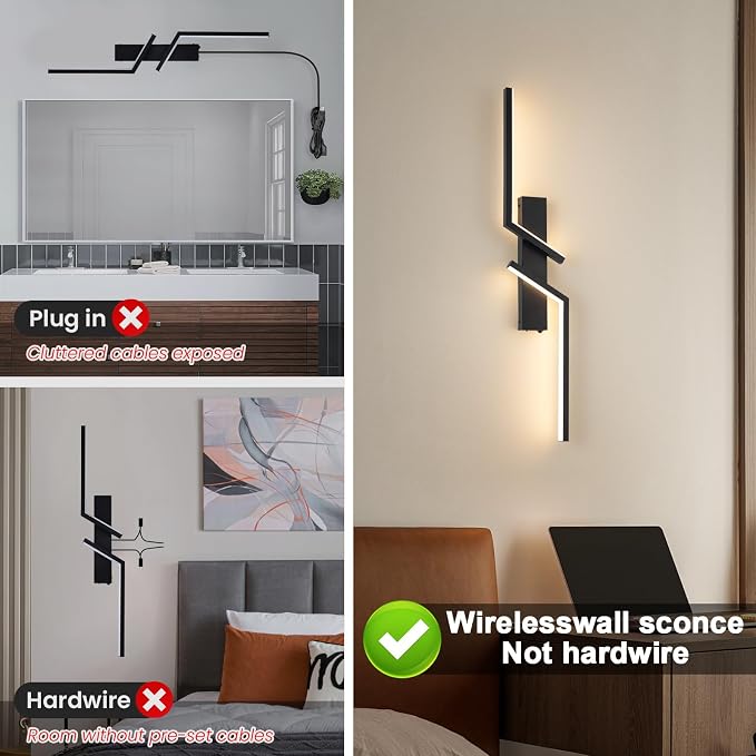 Rechargeable Wireless Wall Sconces, Modern Wall Sconces Set of 2, Battery Operated LED Wall Lights with Remote, 3000K-6500K Dimmable Black Wall Sconce, No Hardwiring for Bedroom Living Room Hallway