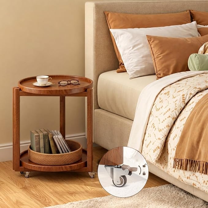 Taitiy Small Round Side Table with Wheels Solid Wood 2 Tier End Table with Storage Mobile Nightstand for Small Spaces Rolling Side Table for Couch & Bedside Walnut 17.7"