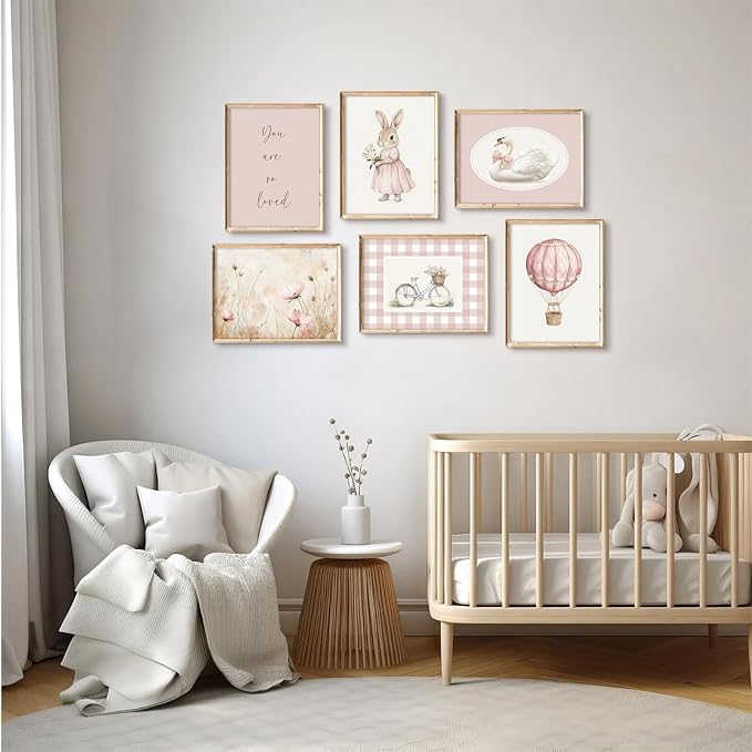 Pink Nursery Wall Art Decor Baby Girl Room Pictures Vintage Nursery Canvas Wall Decor Bunny Prints Floral Swan Poster Cute Rabbit Painting Artwork for Toddler Girls Bedroom 8x10x6 Inch Unframed