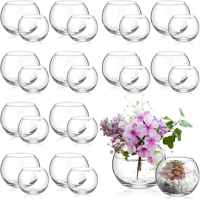 24 Pcs Glass Bubble Bowl Vase Bulk, Clear Round Glass Centerpiece Bowls for Valentine's Wedding Table Decor, Fish Flower Bud Vase Terrarium for Event Party DIY (2.36"h X 2.76"w and 3.15"h X 3.94"w)