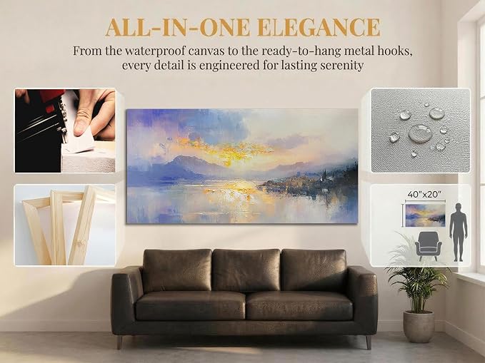 Ardemy Sunrise Lake Canvas Wall Art 40"x20"- Misty Morning Mountain Landscape with Lakeside Cabin, Hand-Textured Soft Glow Picture for Living Room Bedroom Home Office Decor