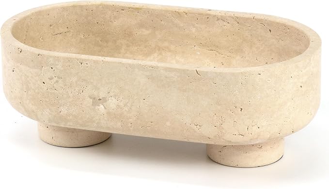 Natural Oval Travertine Stone Fruit Bowl, Two-Legged Decorative Bowl Beige | 10" Large Handcrafted Marble Catchall Bowl for Home Decor. Fruit Basket Bowl, Entryway Bowl, Pedestal Bowl for Dining Table