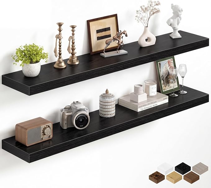 Fun Memories 48Inch Floating Shelves for Wall, 8 Inch Deep Shelves for Bathroom|Bedroom|Kitchen, Large Wall Mounted Wood Hanging Shelf with Invisible Brackets for Home Storage Decor, Black - 2 Pack