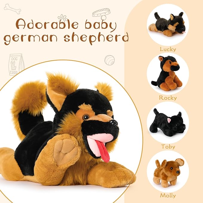 MaoGoLan 5Pcs Giant German Shepherd Dog Plush Toys with 4 Babies, Realistic Soft and Cuddly Stuffed Dog Puppies for Kids, Puppy Lovers
