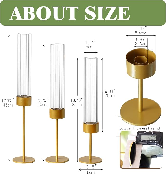 Etolies Gold Glass Hurricane Taper Candle Holders Bulk Set of 6 - Tall Ribbed Glass Cylinder Candlestick Holders for Wedding, Christmas, Party Table Centerpiece Decor,Dining Table,Housewarming Gifts
