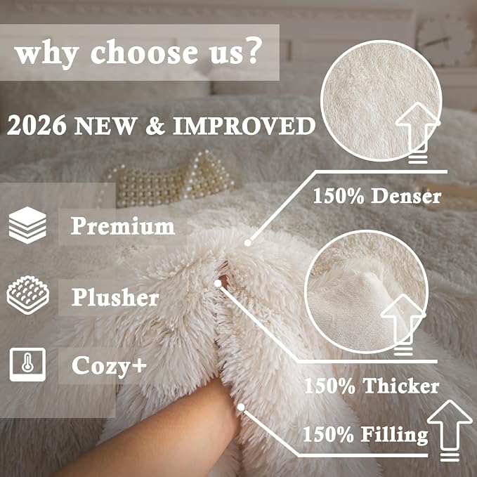 chovy Faux Fur Plush White Comforter Sets Full/Queen - Ultra Soft Shaggy Flannel Velvet Fluffy Fuzzy 3PC Bedding Set （Comforter x 1 Pillowcases x 2）