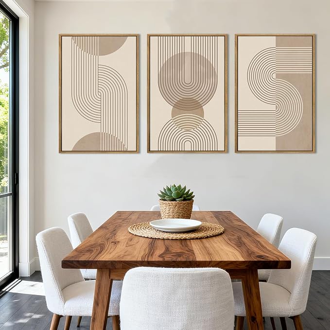 Anyzal Large Neutral Boho Beige Framed Wall Art 16x24 Inch Abstract Modern Canvas Wall Decor Minimalist Geometric Artwork for Living Room Bedroom Dining room Set of 3