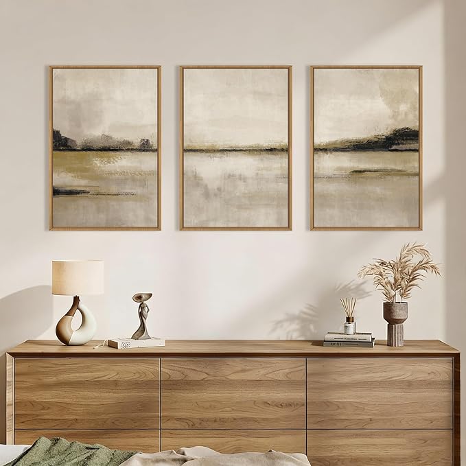 KAIRNE Neutral Abstrcat Landscape Framed Canvas Wall Art Set, Retro Mountain Lake Wall Decor, Vintage Tan Scenery Art Prints, Modern Nature Artwork for Living Room,Bedroom,Farmhouse,Office-24 x36 x3