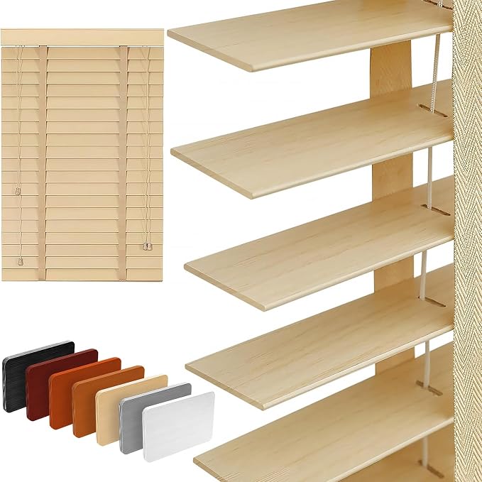 2" Slats Wood Blinds for Indoor Windows: Solid Wooden Blackout Blinds & Shades,Black Out Privacy Horizontal Blinds for Home Bedroom Bathroom Living Room Windows and Doors Beige