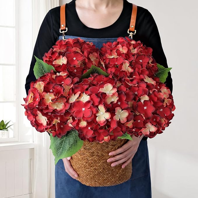 JINWOE 5Pcs Red & Yellow Silk Hydrangea Flowers,20Inch Large Lifelike Flowers,Halloween Christmas Artificial Hydrangeas for Indoor Bouquet Table Centerpieces Floral Arrangements Home Wedding